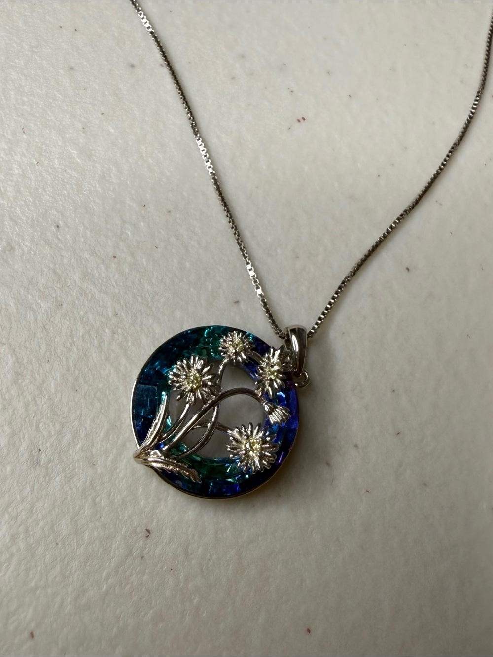 Italy 925 Sterling Silver Blue Iridescent Floral Pendant Necklace S925 - Picture 5 of 12